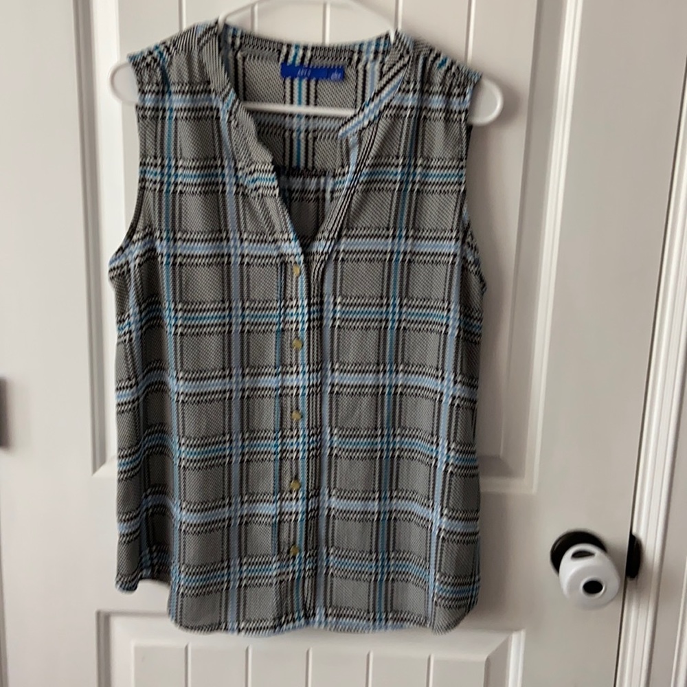 Black, blue and white sleeveless blouse/shell